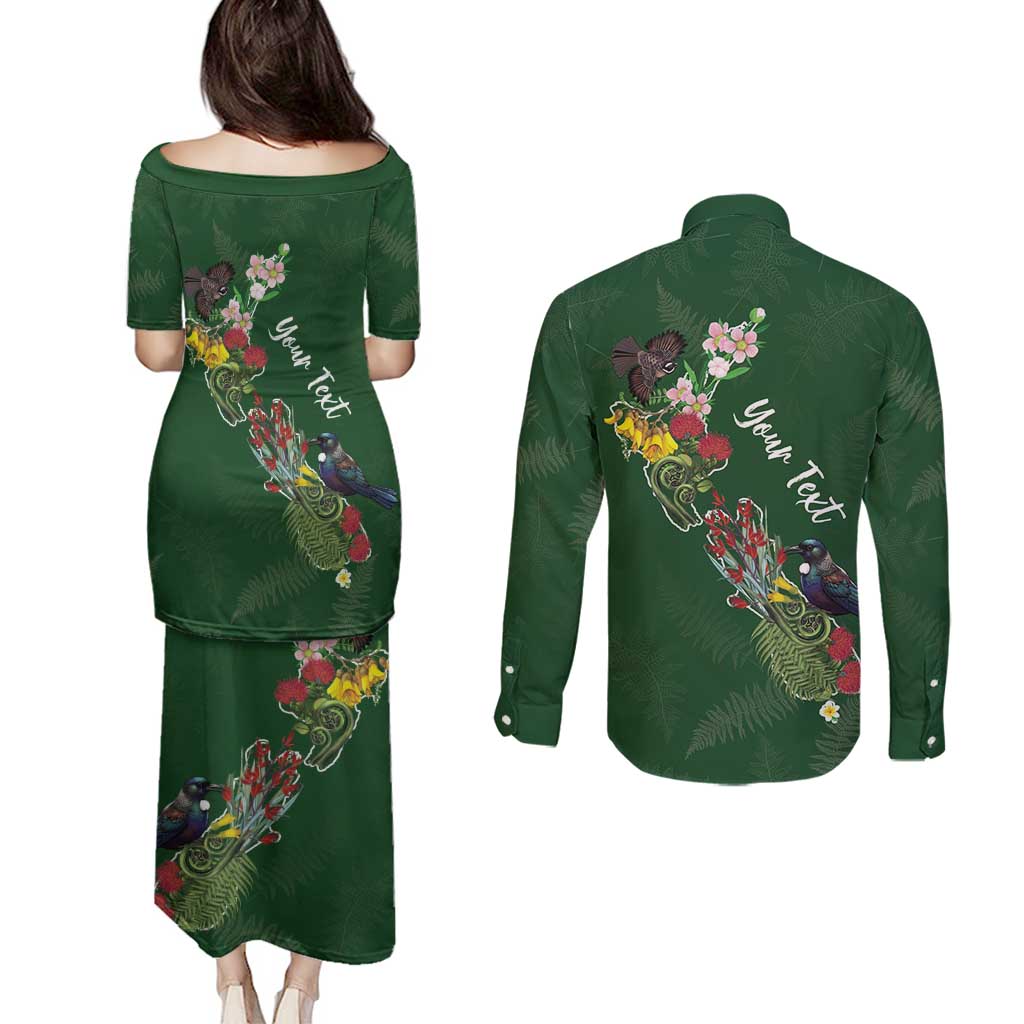 Kia Ora New Zealand Floral Personalized Couples Matching Puletasi and Long Sleeve Button Shirt Sage Green - Polynesian Pride