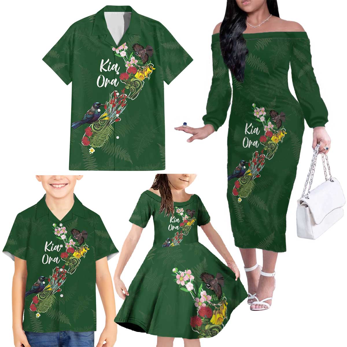 Kia Ora New Zealand Floral Personalized Family Matching Off The Shoulder Long Sleeve Dress and Hawaiian Shirt Sage Green - Polynesian Pride