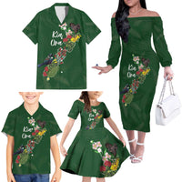 Kia Ora New Zealand Floral Personalized Family Matching Off The Shoulder Long Sleeve Dress and Hawaiian Shirt Sage Green - Polynesian Pride