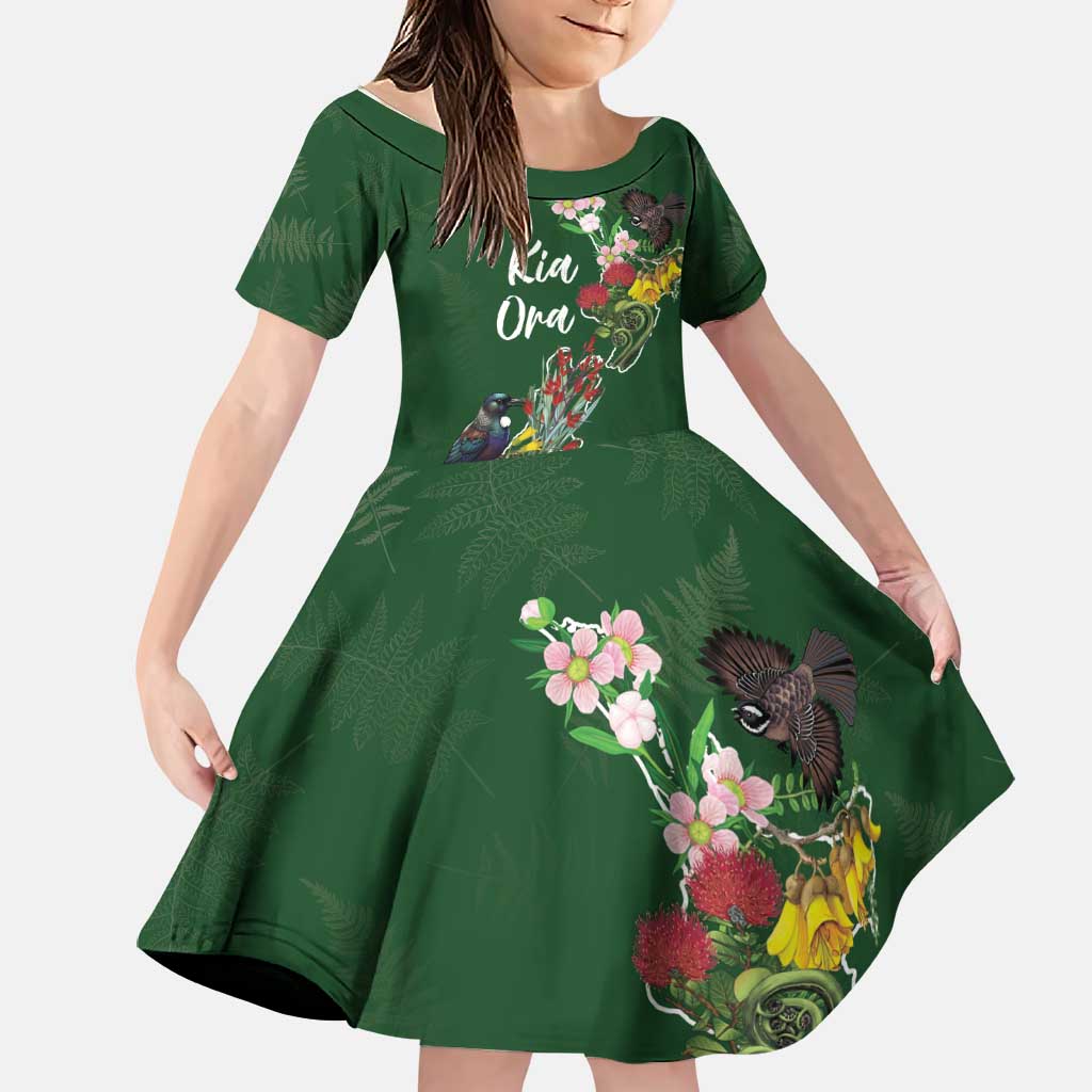 Kia Ora New Zealand Floral Personalized Family Matching Off Shoulder Short Dress and Hawaiian Shirt Sage Green - Polynesian Pride