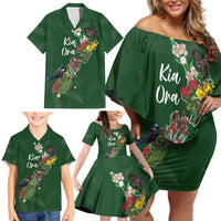 Kia Ora New Zealand Floral Personalized Family Matching Off Shoulder Short Dress and Hawaiian Shirt Sage Green - Polynesian Pride