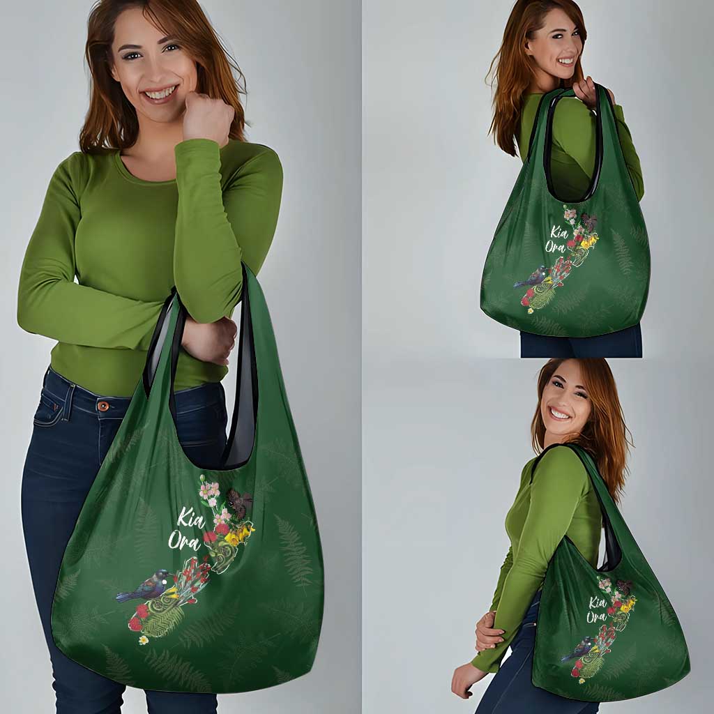 Kia Ora New Zealand Floral Grocery Bag Sage Green - Polynesian Pride