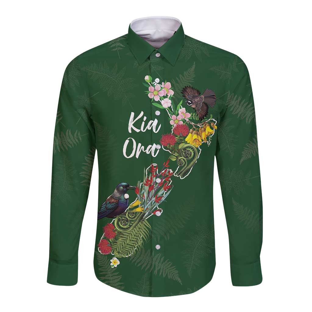 Kia Ora New Zealand Floral Personalized Long Sleeve Button Shirt Sage Green - Polynesian Pride