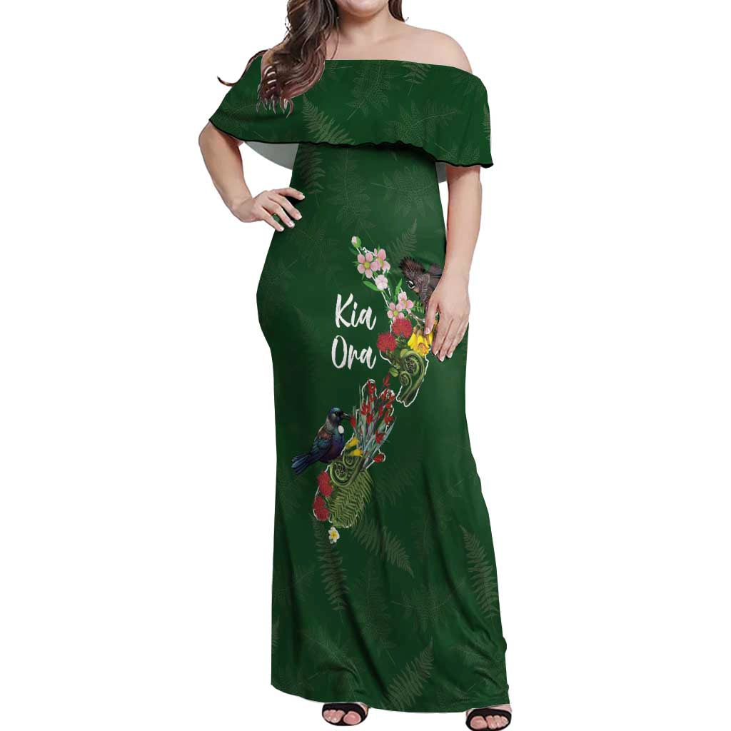 Kia Ora New Zealand Floral Personalized Off Shoulder Maxi Dress Sage Green - Polynesian Pride