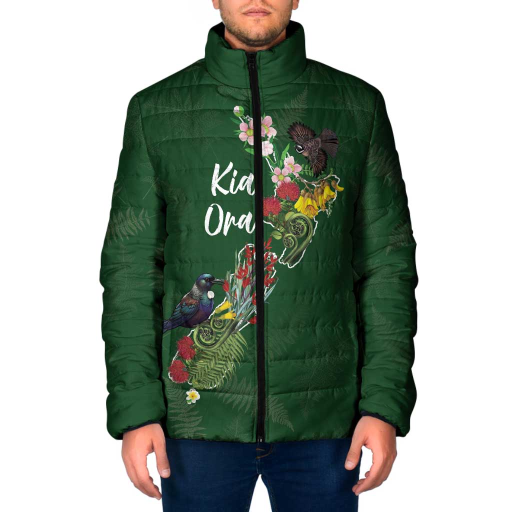 Kia Ora New Zealand Floral Personalized Padded Jacket Sage Green - Polynesian Pride