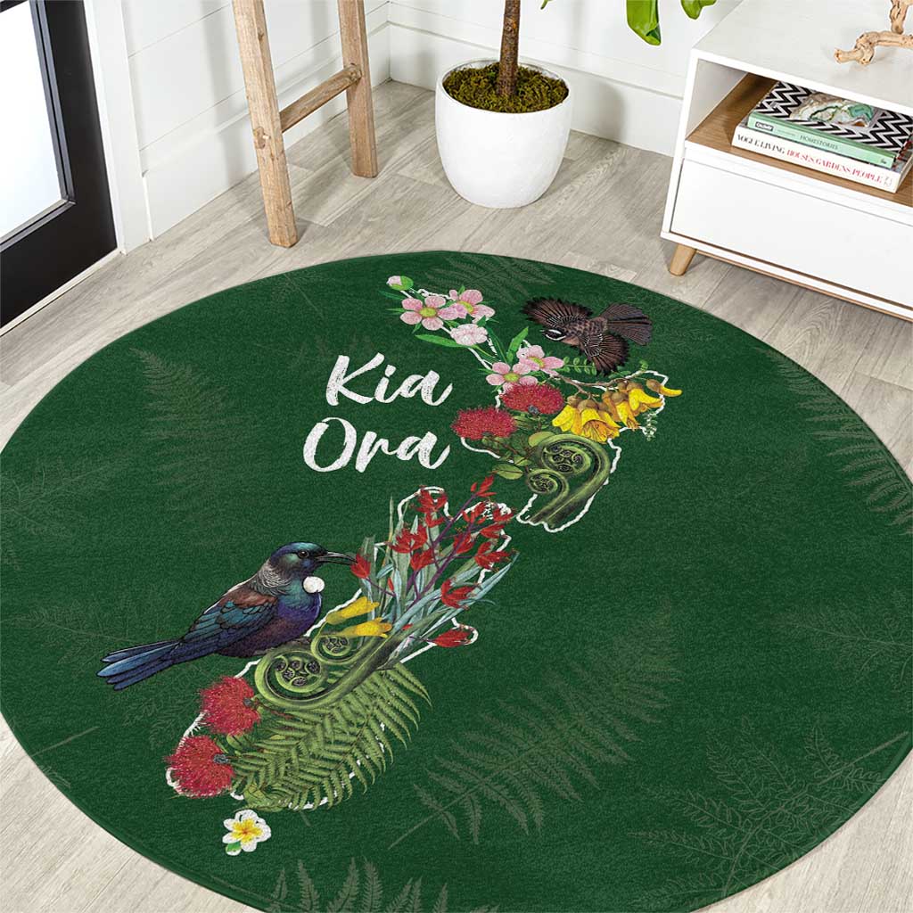 Kia Ora New Zealand Floral Round Carpet Sage Green - Polynesian Pride