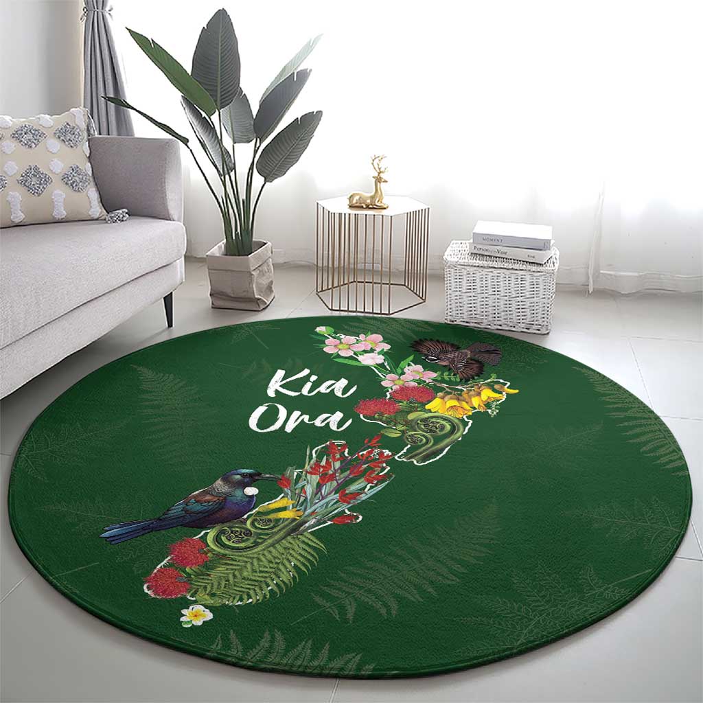 Kia Ora New Zealand Floral Round Carpet Sage Green - Polynesian Pride