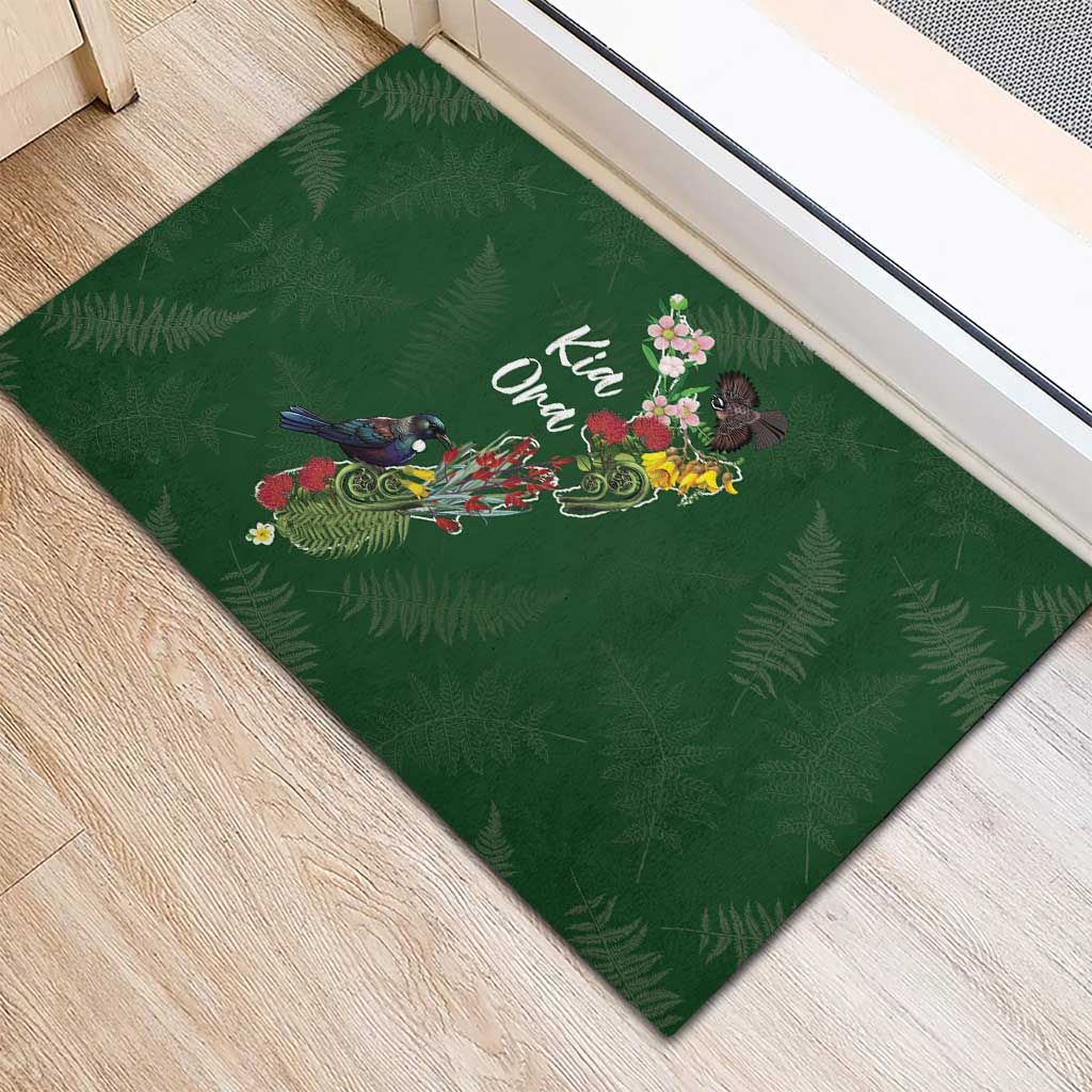 Kia Ora New Zealand Floral Rubber Doormat Sage Green - Polynesian Pride