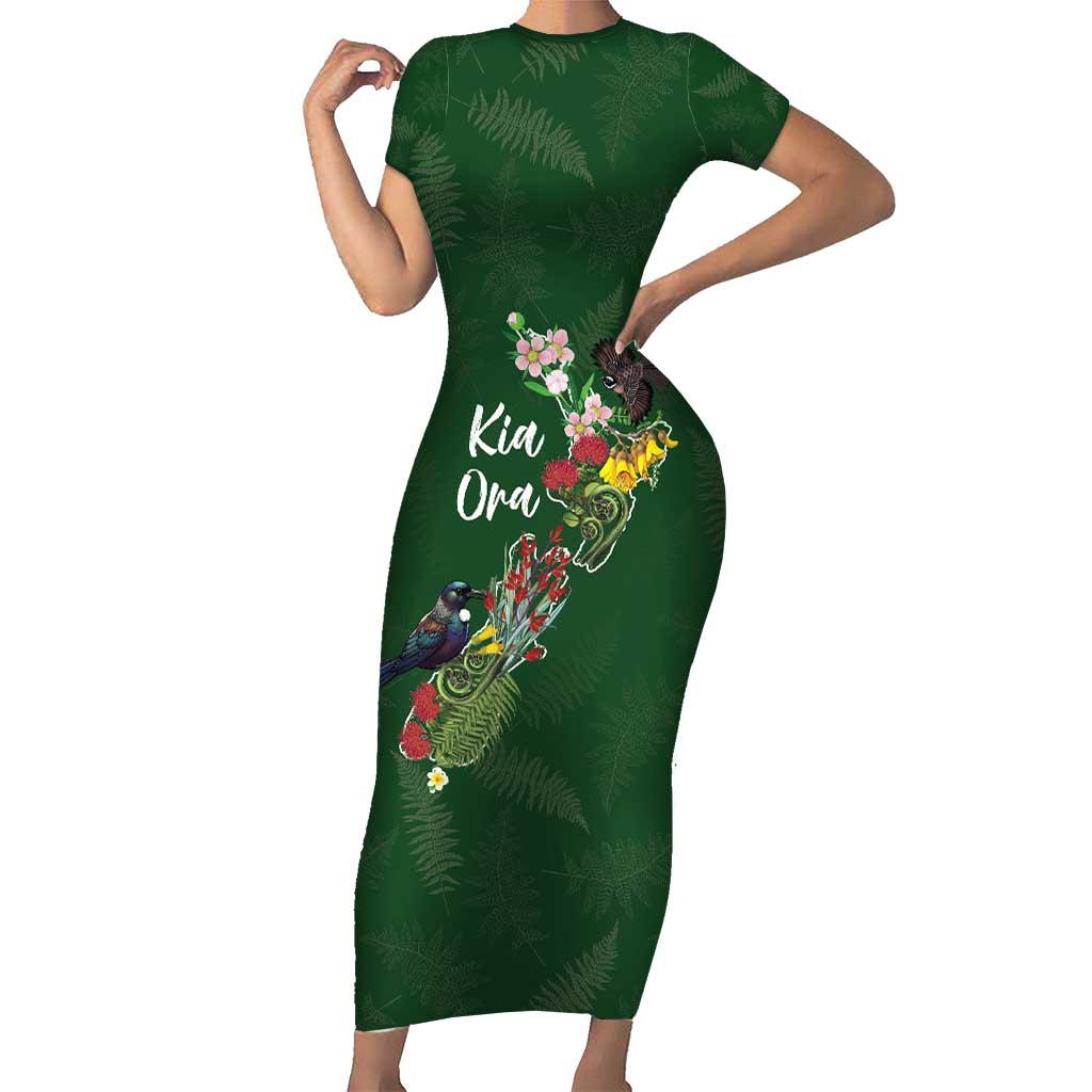 Kia Ora New Zealand Floral Personalized Short Sleeve Bodycon Dress Sage Green - Polynesian Pride