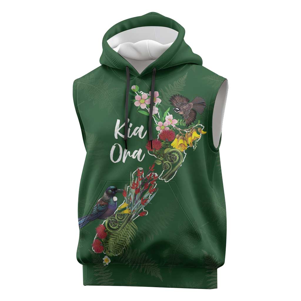 Kia Ora New Zealand Floral Personalized Sleeveless Hoodie Sage Green - Polynesian Pride