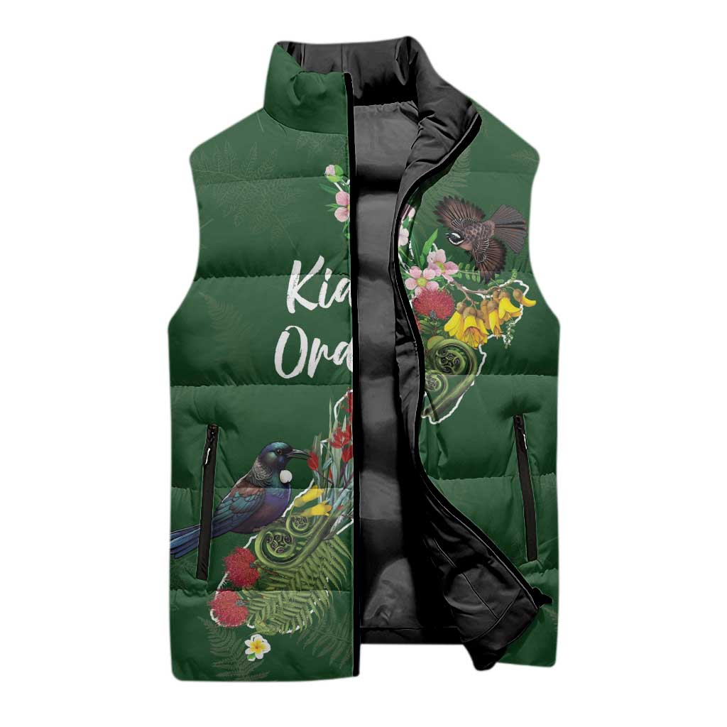 Kia Ora New Zealand Floral Personalized Sleeveless Puffer Jacket Sage Green - Polynesian Pride