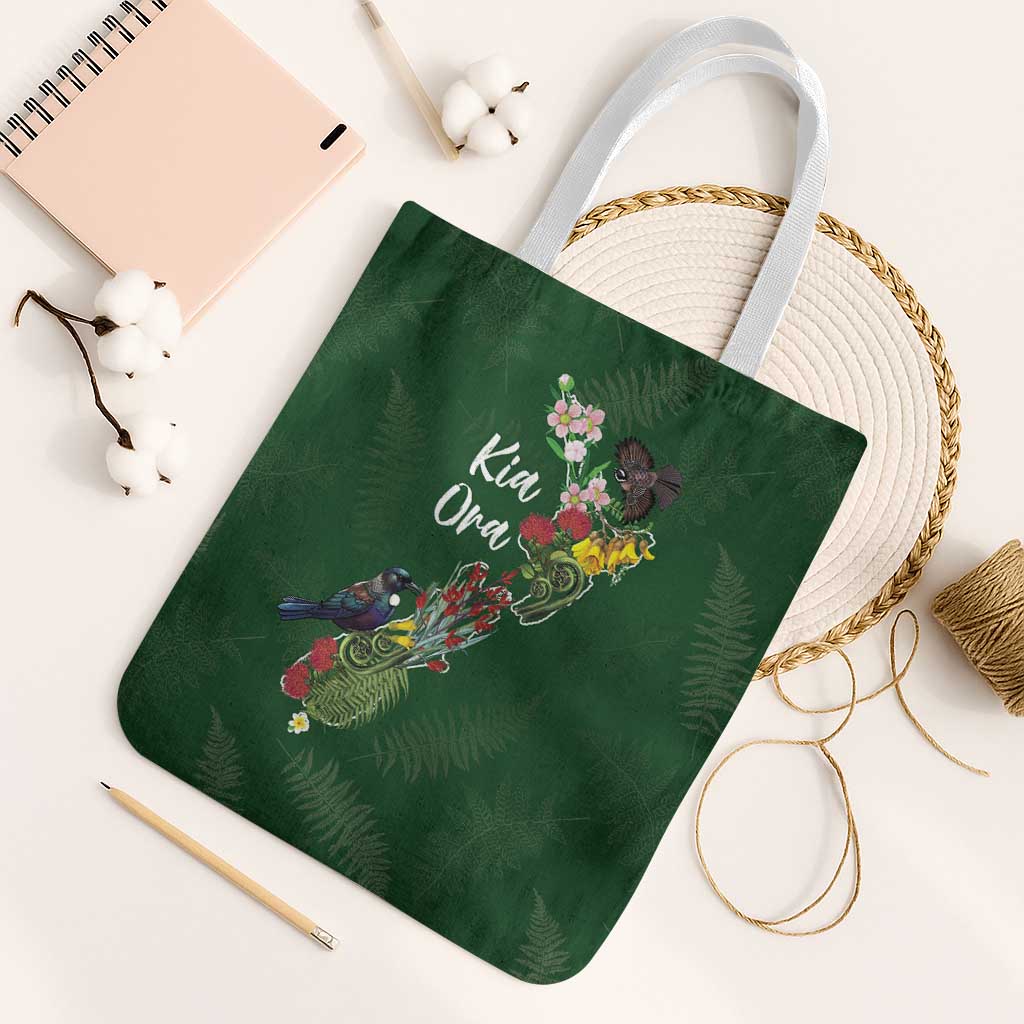 Kia Ora New Zealand Floral Tote Bag Sage Green - Polynesian Pride