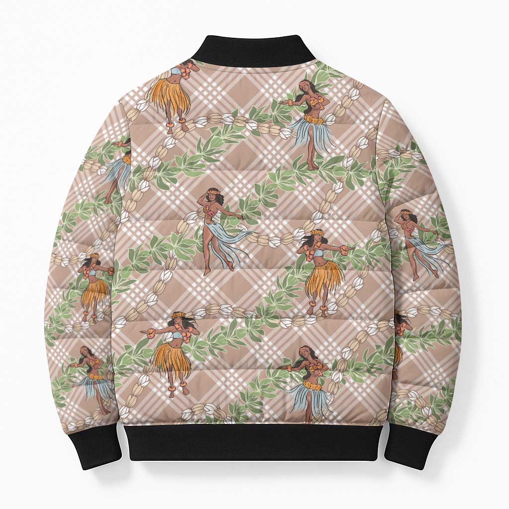 Beige Palaka Hula Girls Seamless Hawaii Aloha Bomber Puffer Jacket - Polynesian Pride