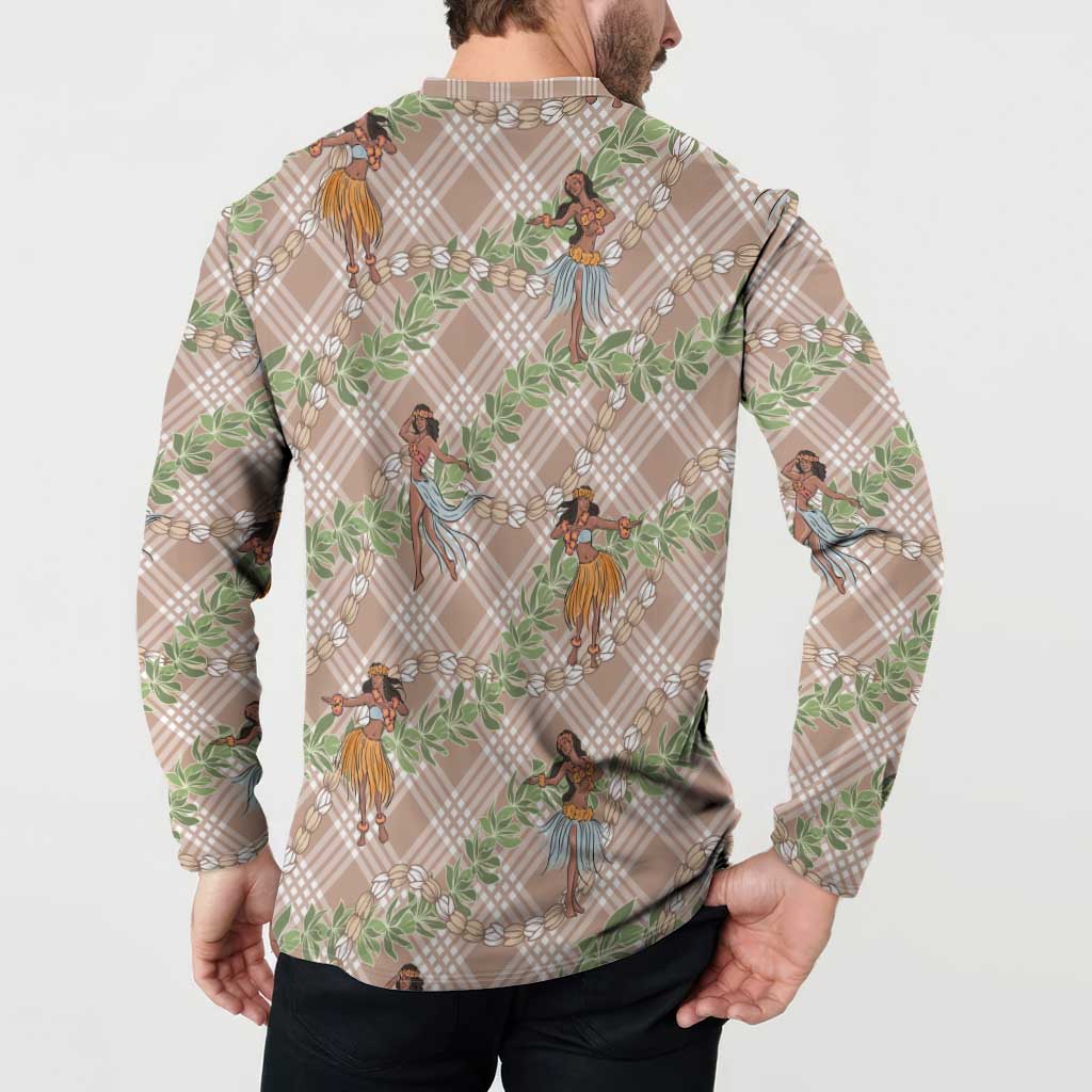 Beige Palaka Hula Girls Seamless Hawaii Aloha Button Sweatshirt - Polynesian Pride