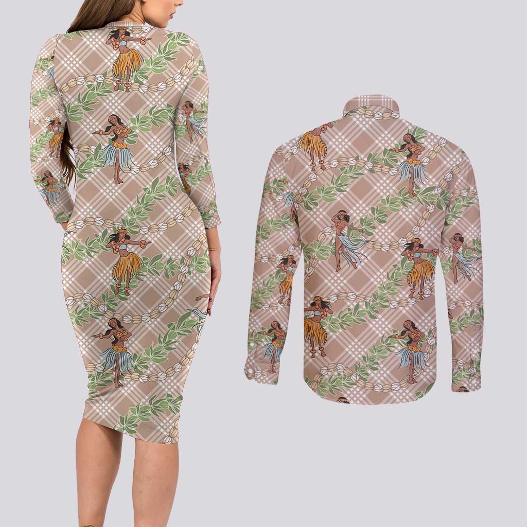 Beige Palaka Hula Girls Seamless Hawaii Aloha Couples Matching Long Sleeve Bodycon Dress and Long Sleeve Button Shirt - Polynesian Pride