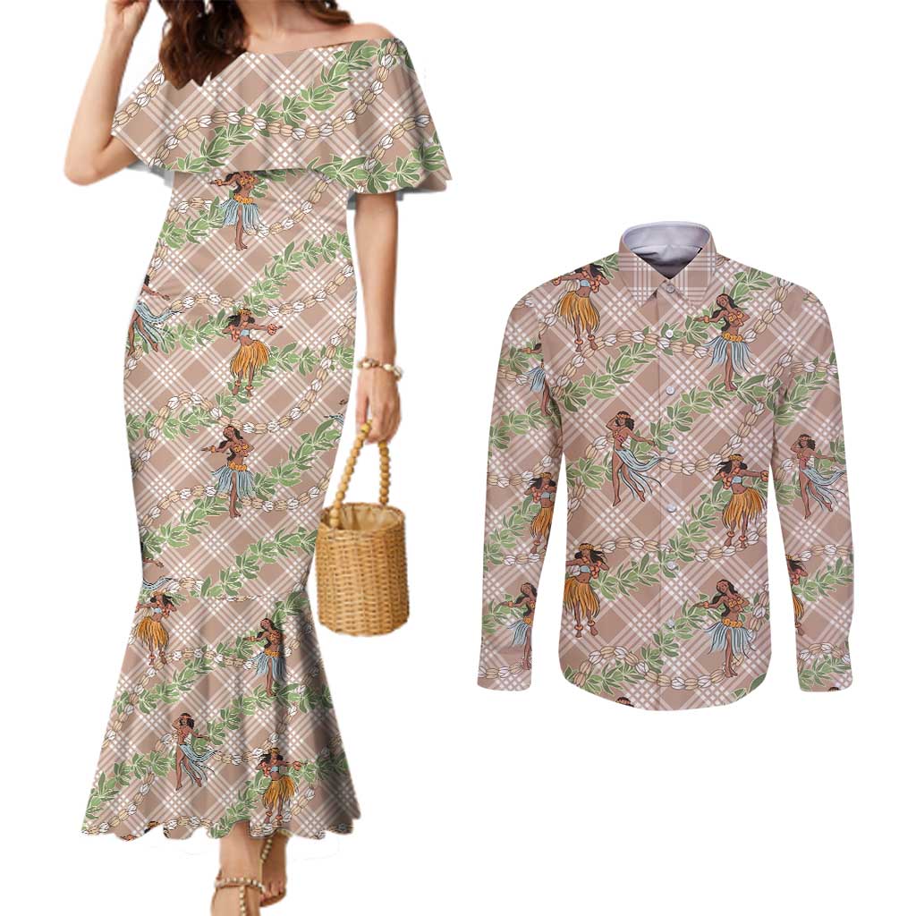Beige Palaka Hula Girls Seamless Hawaii Aloha Couples Matching Mermaid Dress and Long Sleeve Button Shirt - Polynesian Pride