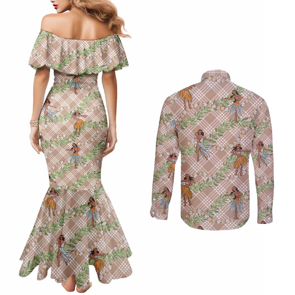 Beige Palaka Hula Girls Seamless Hawaii Aloha Couples Matching Mermaid Dress and Long Sleeve Button Shirt - Polynesian Pride