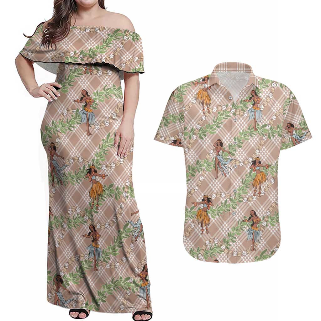Beige Palaka Hula Girls Seamless Hawaii Aloha Couples Matching Off Shoulder Maxi Dress and Hawaiian Shirt - Polynesian Pride