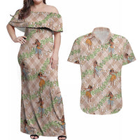 Beige Palaka Hula Girls Seamless Hawaii Aloha Couples Matching Off Shoulder Maxi Dress and Hawaiian Shirt - Polynesian Pride