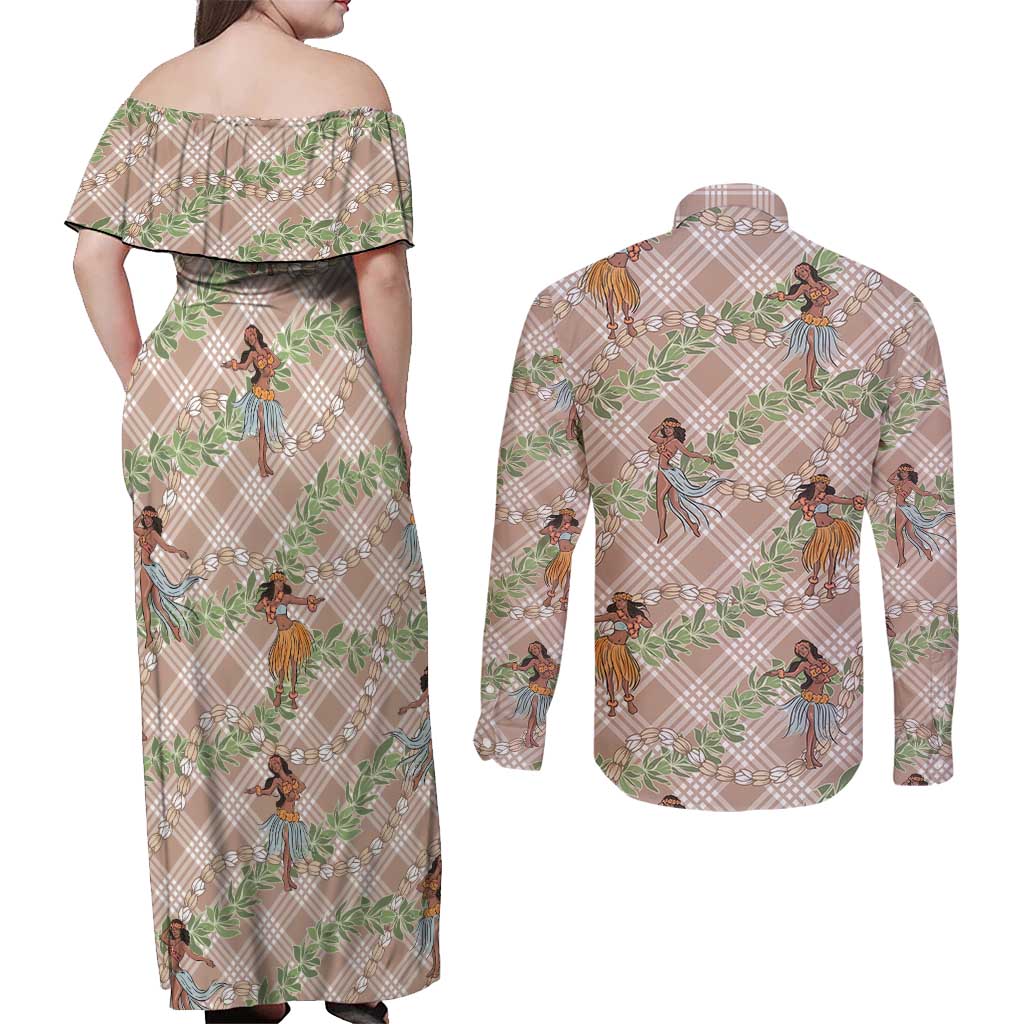 Beige Palaka Hula Girls Seamless Hawaii Aloha Couples Matching Off Shoulder Maxi Dress and Long Sleeve Button Shirt - Polynesian Pride
