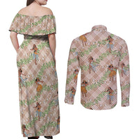 Beige Palaka Hula Girls Seamless Hawaii Aloha Couples Matching Off Shoulder Maxi Dress and Long Sleeve Button Shirt - Polynesian Pride
