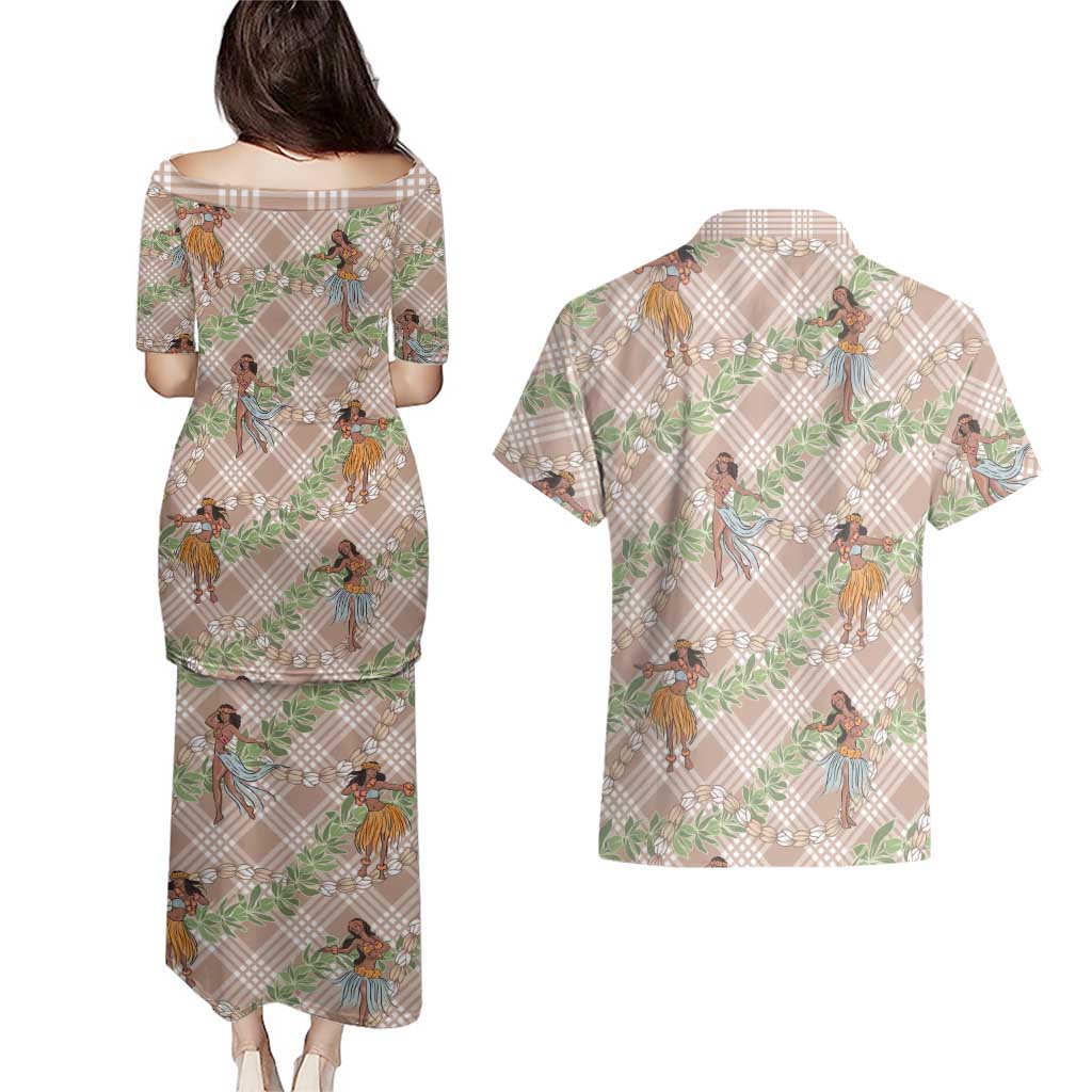 Beige Palaka Hula Girls Seamless Hawaii Aloha Couples Matching Puletasi and Hawaiian Shirt - Polynesian Pride