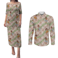 Beige Palaka Hula Girls Seamless Hawaii Aloha Couples Matching Puletasi and Long Sleeve Button Shirt - Polynesian Pride
