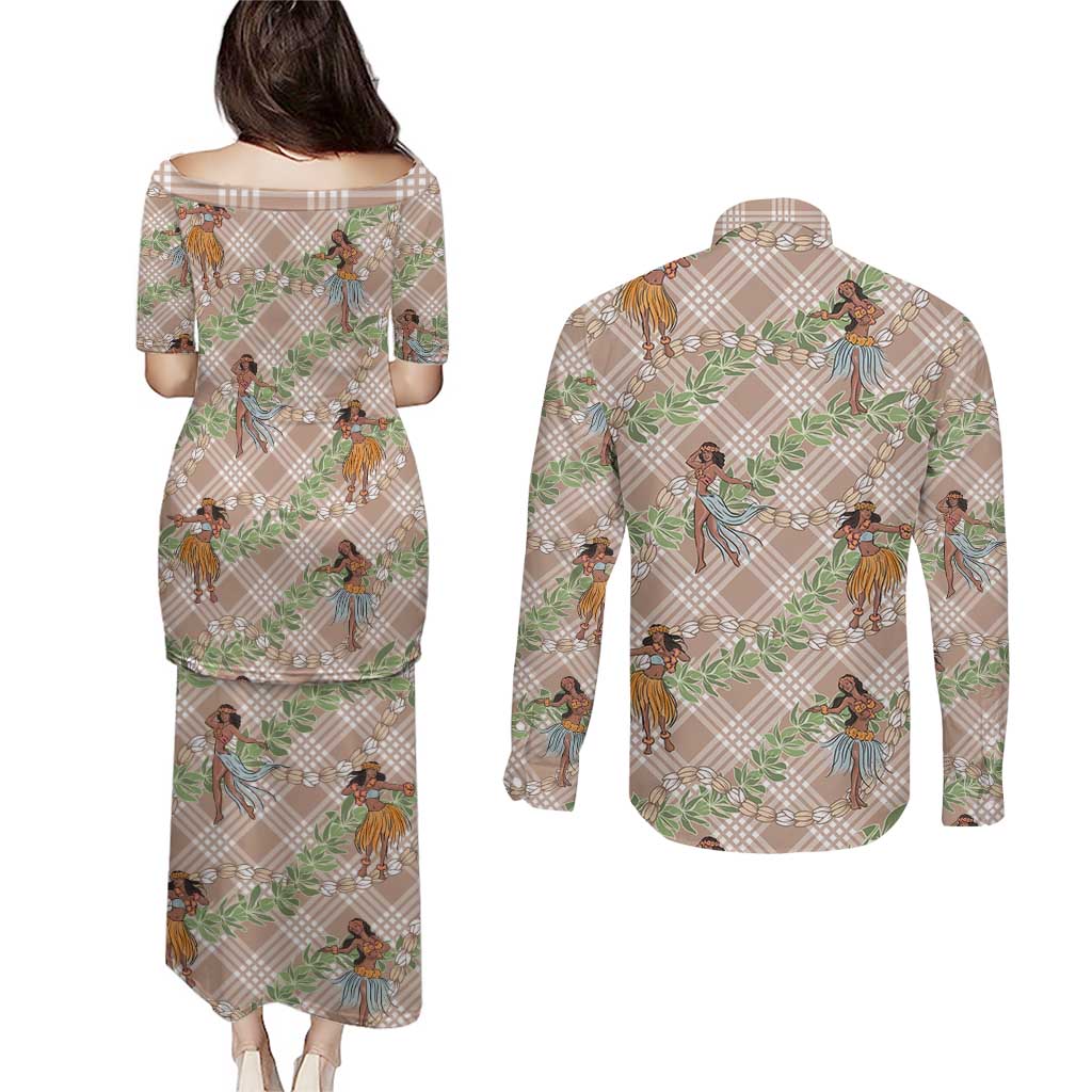 Beige Palaka Hula Girls Seamless Hawaii Aloha Couples Matching Puletasi and Long Sleeve Button Shirt - Polynesian Pride