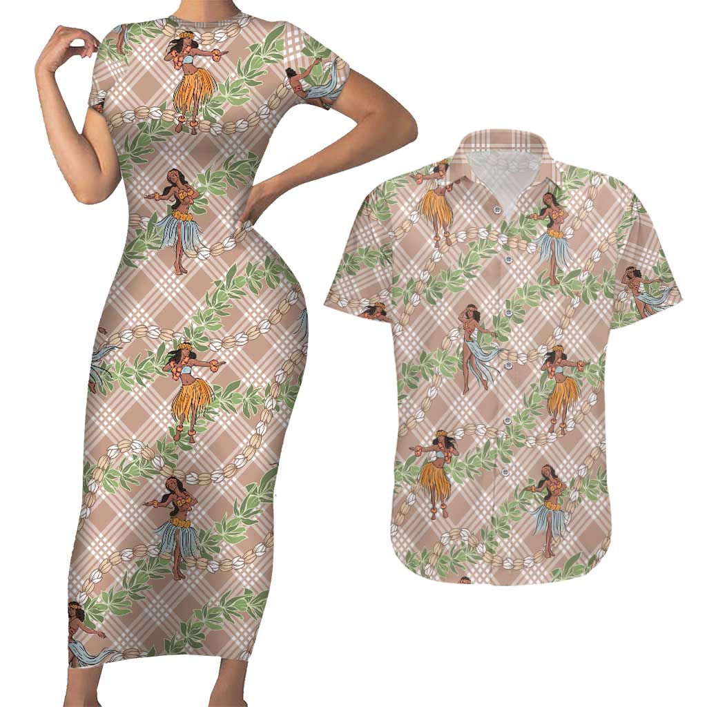 Beige Palaka Hula Girls Seamless Hawaii Aloha Couples Matching Short Sleeve Bodycon Dress and Hawaiian Shirt - Polynesian Pride