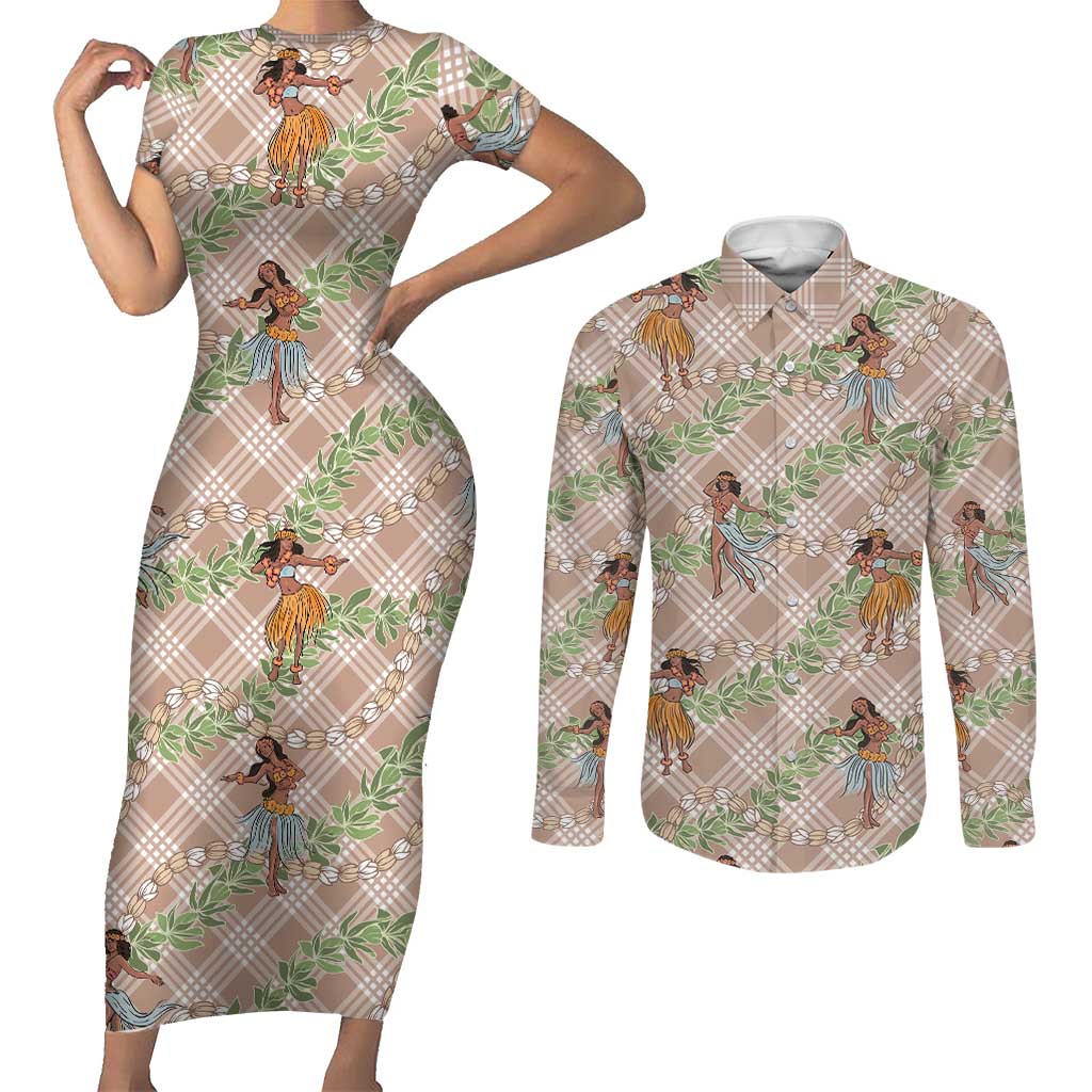 Beige Palaka Hula Girls Seamless Hawaii Aloha Couples Matching Short Sleeve Bodycon Dress and Long Sleeve Button Shirt - Polynesian Pride