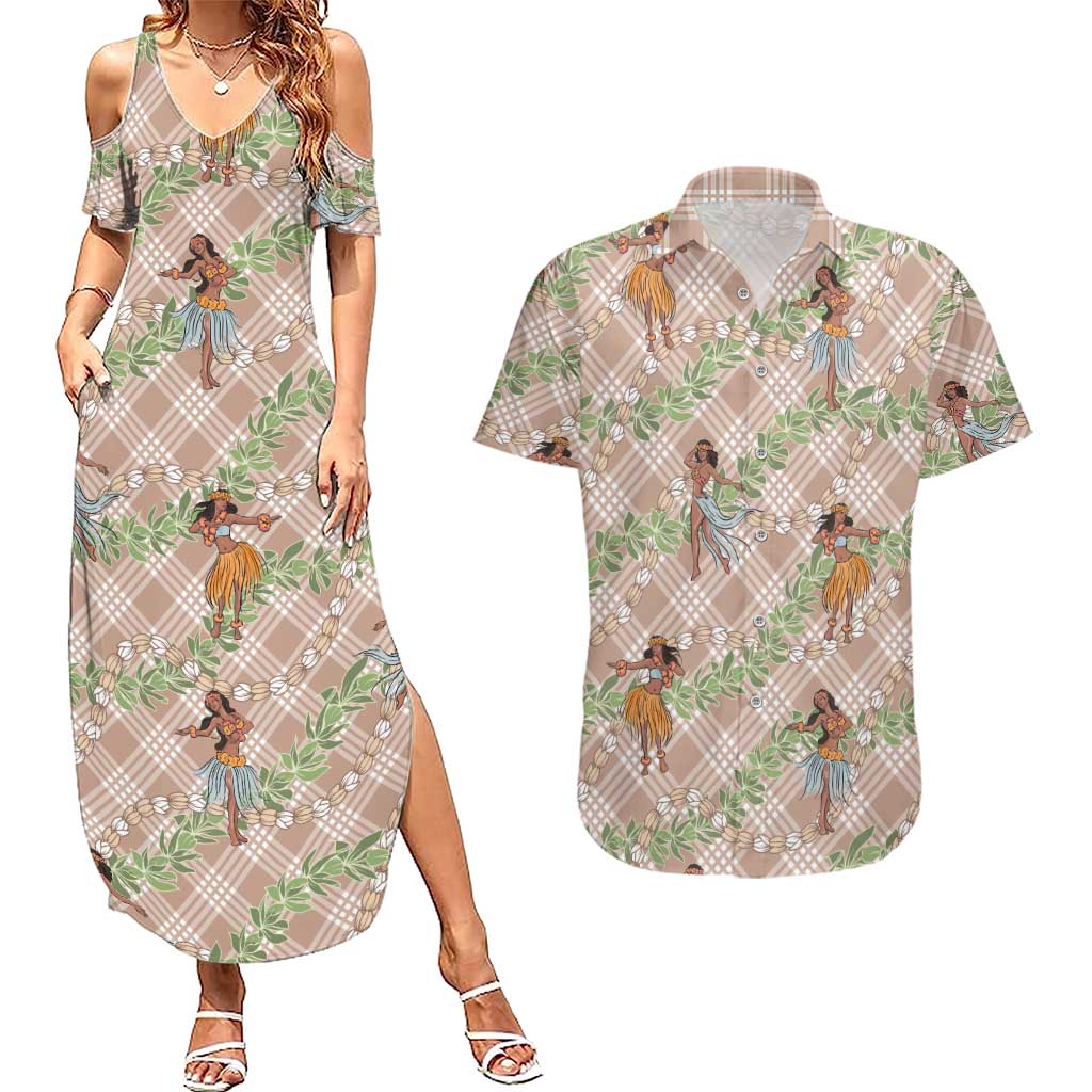 Beige Palaka Hula Girls Seamless Hawaii Aloha Couples Matching Summer Maxi Dress and Hawaiian Shirt - Polynesian Pride