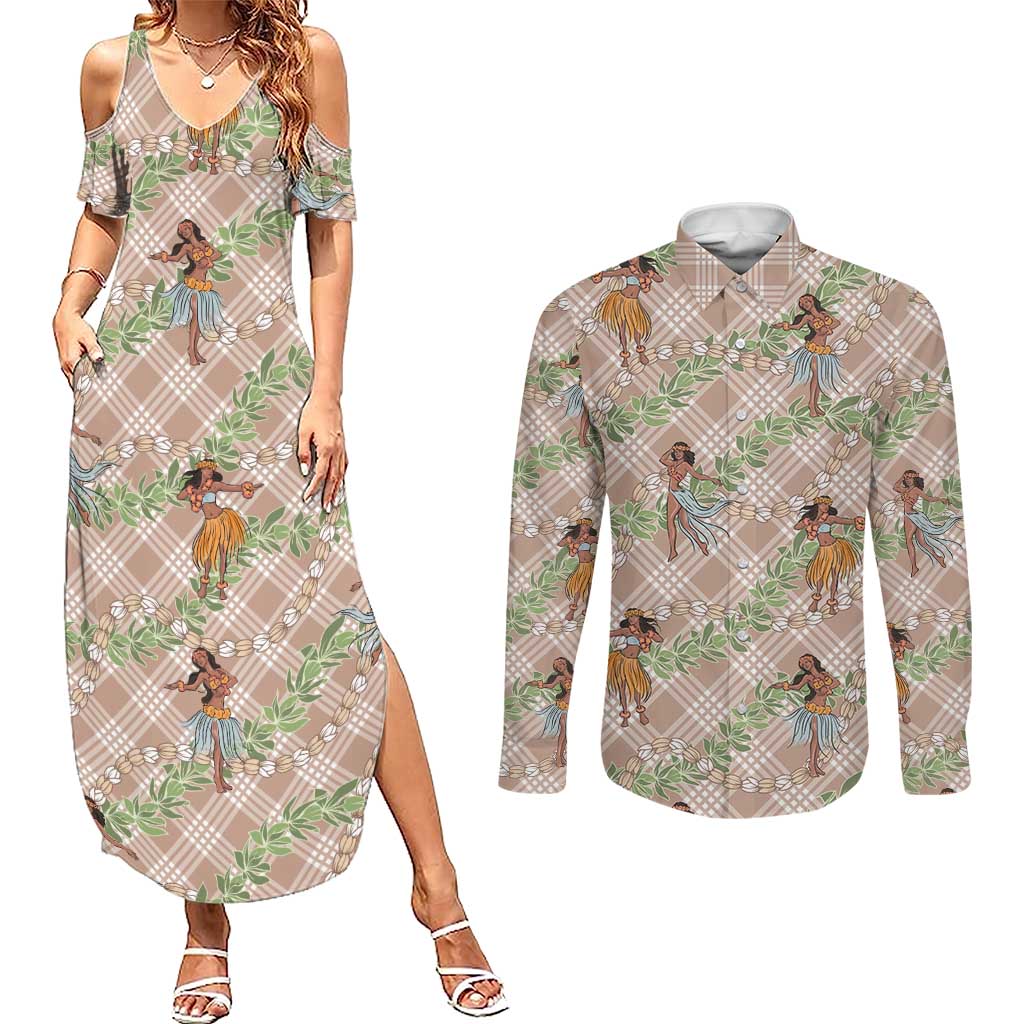 Beige Palaka Hula Girls Seamless Hawaii Aloha Couples Matching Summer Maxi Dress and Long Sleeve Button Shirt - Polynesian Pride
