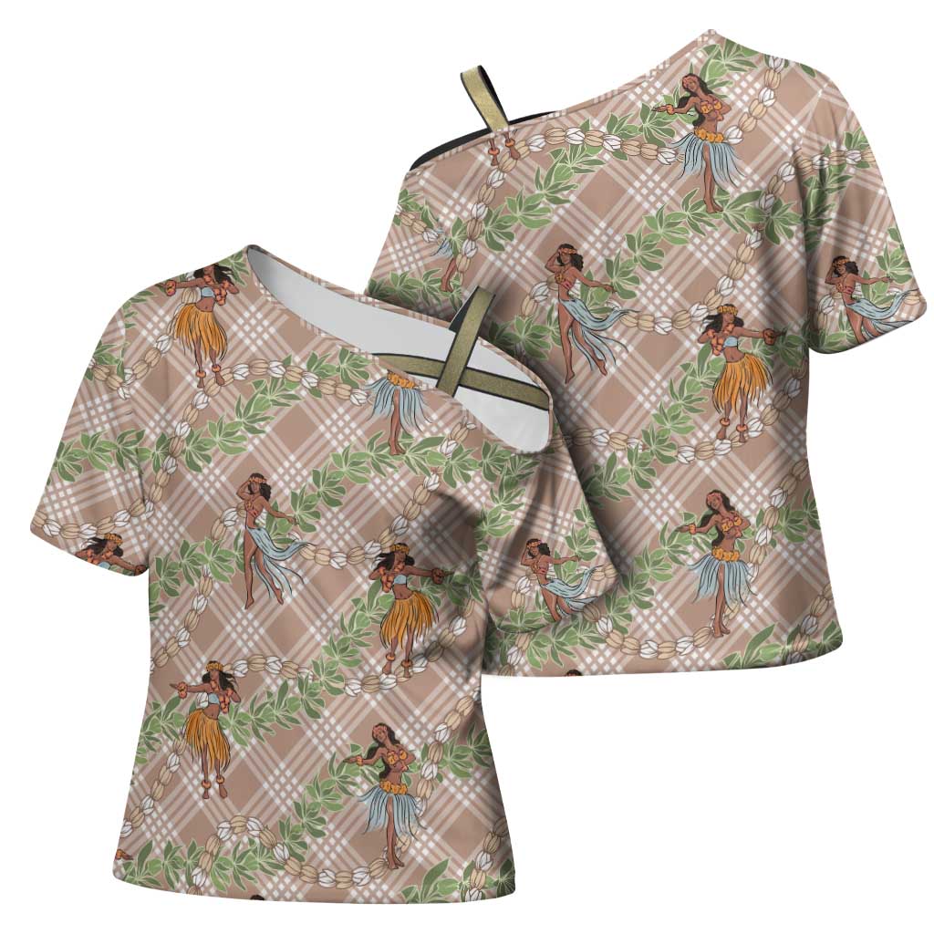 Beige Palaka Hula Girls Seamless Hawaii Aloha Cross Shoulder Shirt - Polynesian Pride