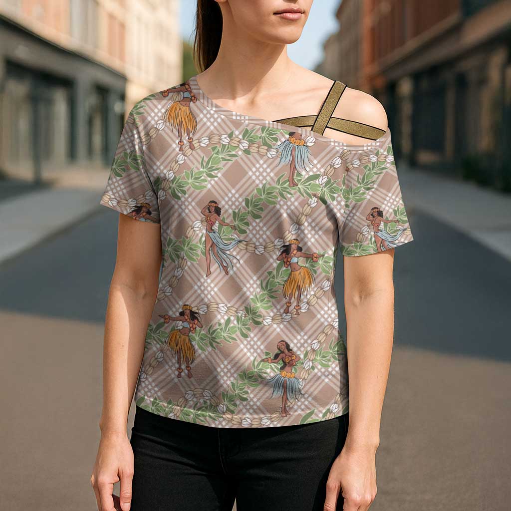 Beige Palaka Hula Girls Seamless Hawaii Aloha Cross Shoulder Shirt - Polynesian Pride