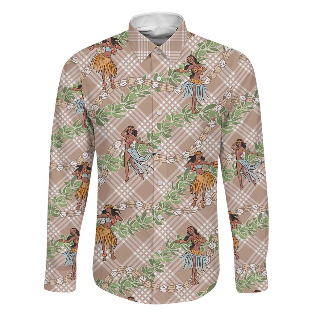Beige Palaka Hula Girls Seamless Hawaii Aloha Family Matching Long Sleeve Bodycon Dress and Hawaiian Shirt - Polynesian Pride