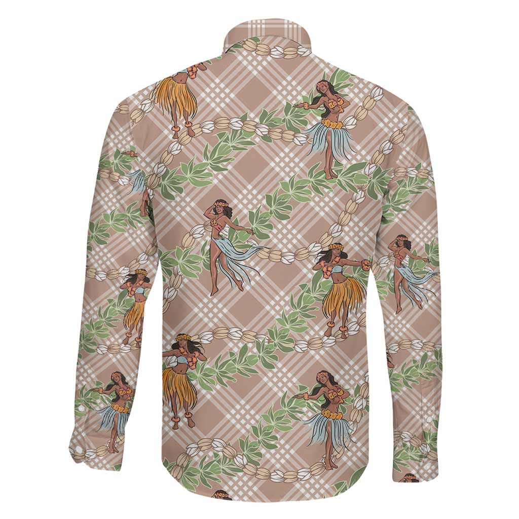 Beige Palaka Hula Girls Seamless Hawaii Aloha Family Matching Long Sleeve Bodycon Dress and Hawaiian Shirt - Polynesian Pride
