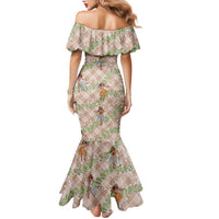 Beige Palaka Hula Girls Seamless Hawaii Aloha Family Matching Mermaid Dress and Hawaiian Shirt - Polynesian Pride