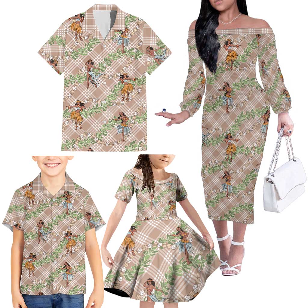 Beige Palaka Hula Girls Seamless Hawaii Aloha Family Matching Off The Shoulder Long Sleeve Dress and Hawaiian Shirt - Polynesian Pride