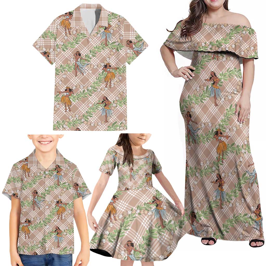Beige Palaka Hula Girls Seamless Hawaii Aloha Family Matching Off Shoulder Maxi Dress and Hawaiian Shirt - Polynesian Pride
