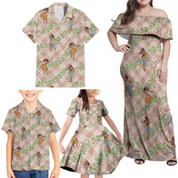 Beige Palaka Hula Girls Seamless Hawaii Aloha Family Matching Off Shoulder Maxi Dress and Hawaiian Shirt - Polynesian Pride