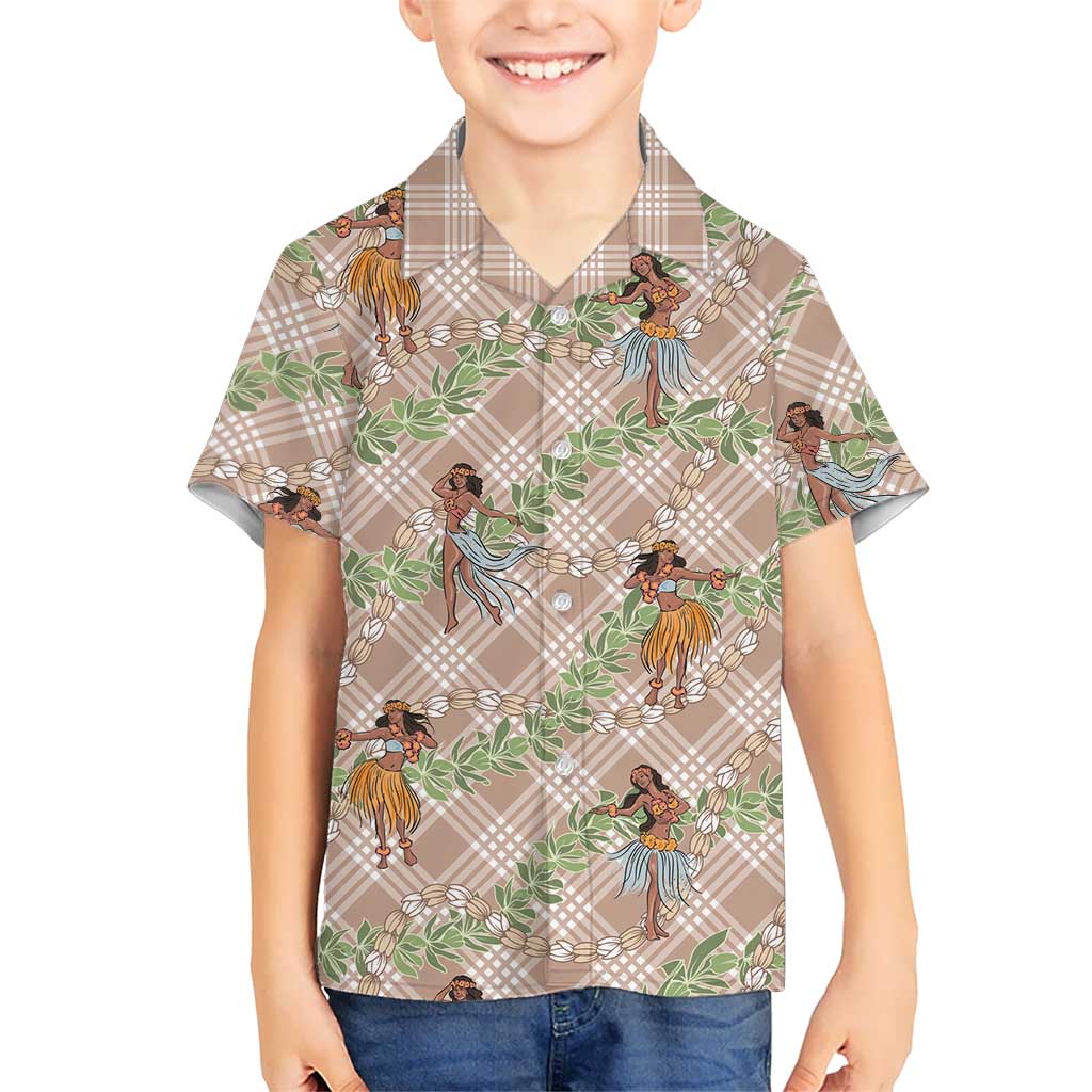 Beige Palaka Hula Girls Seamless Hawaii Aloha Family Matching Off Shoulder Maxi Dress and Hawaiian Shirt - Polynesian Pride