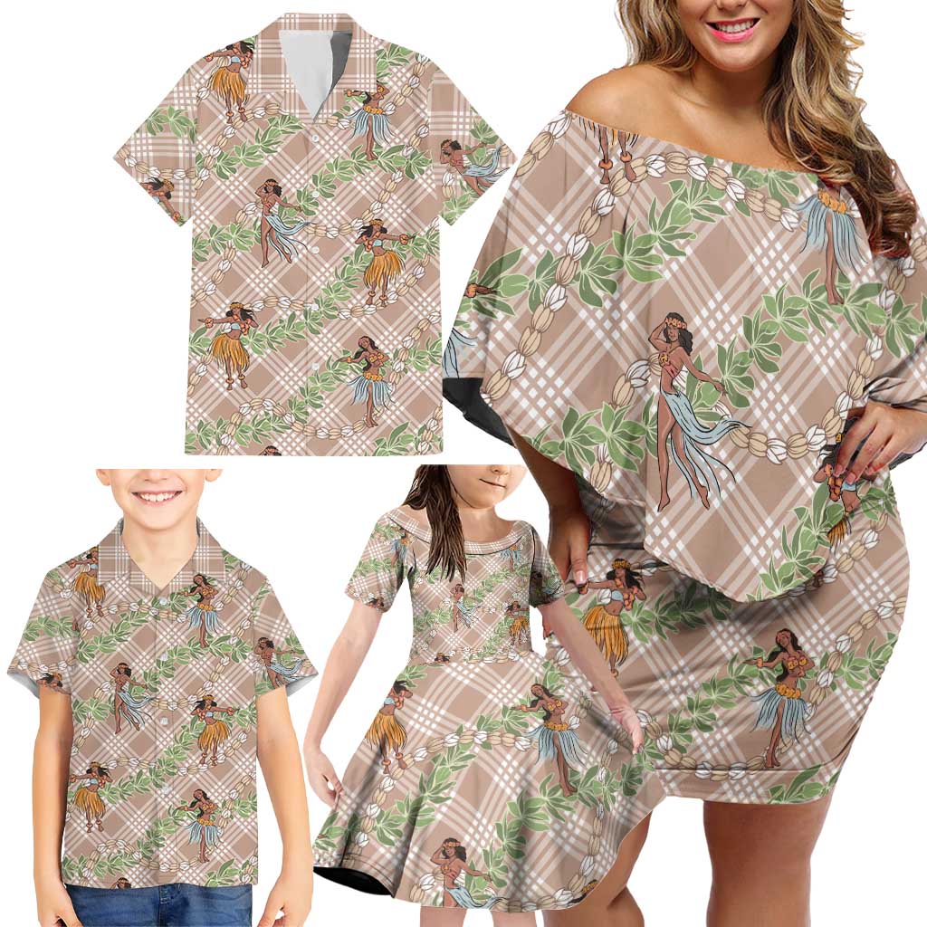 Beige Palaka Hula Girls Seamless Hawaii Aloha Family Matching Off Shoulder Short Dress and Hawaiian Shirt - Polynesian Pride