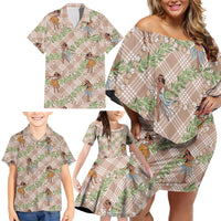 Beige Palaka Hula Girls Seamless Hawaii Aloha Family Matching Off Shoulder Short Dress and Hawaiian Shirt - Polynesian Pride