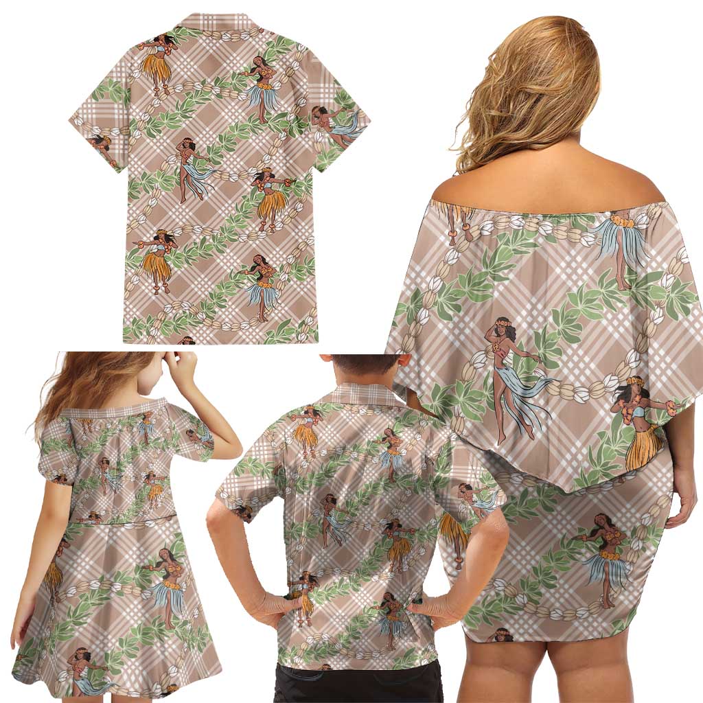 Beige Palaka Hula Girls Seamless Hawaii Aloha Family Matching Off Shoulder Short Dress and Hawaiian Shirt - Polynesian Pride