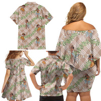 Beige Palaka Hula Girls Seamless Hawaii Aloha Family Matching Off Shoulder Short Dress and Hawaiian Shirt - Polynesian Pride