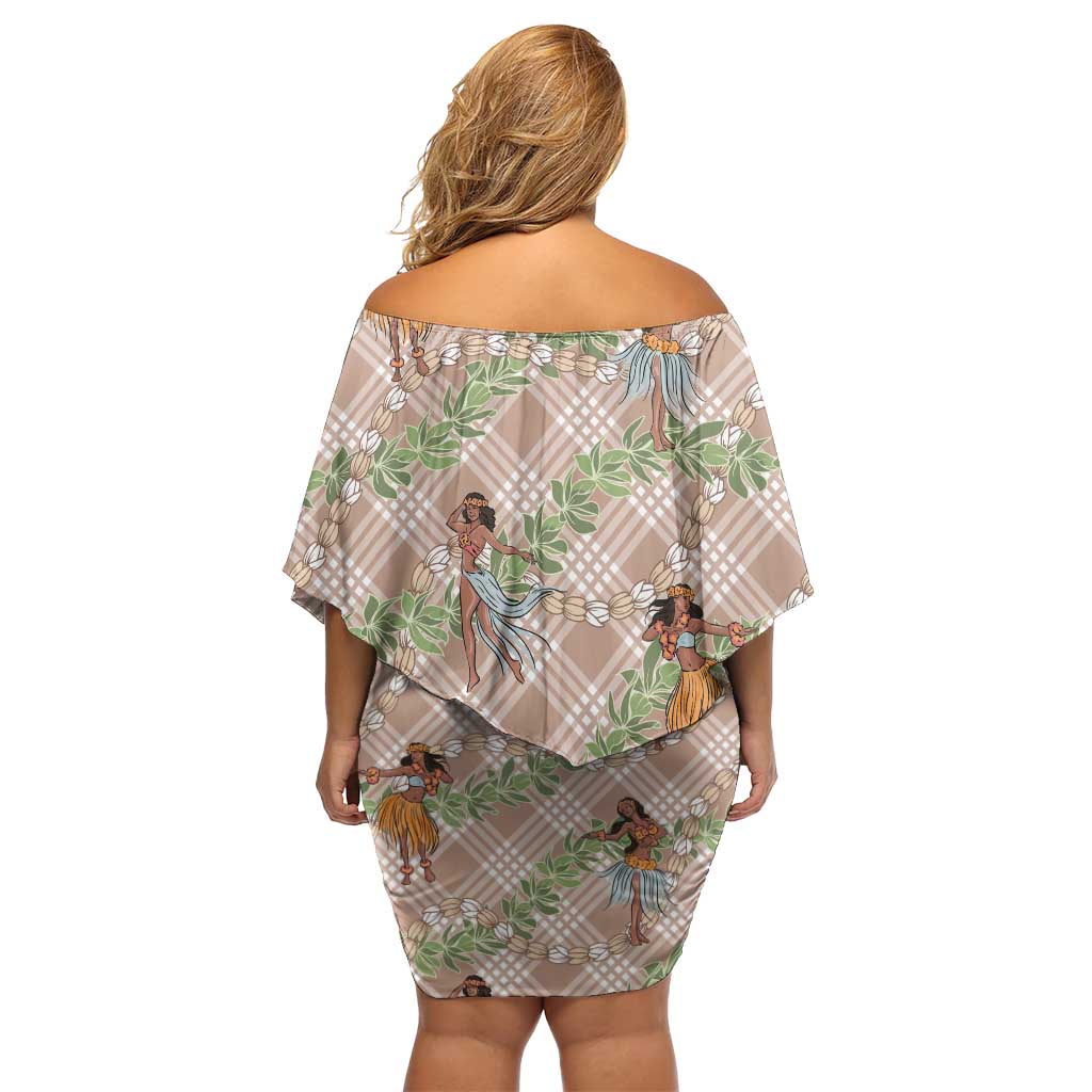 Beige Palaka Hula Girls Seamless Hawaii Aloha Family Matching Off Shoulder Short Dress and Hawaiian Shirt - Polynesian Pride