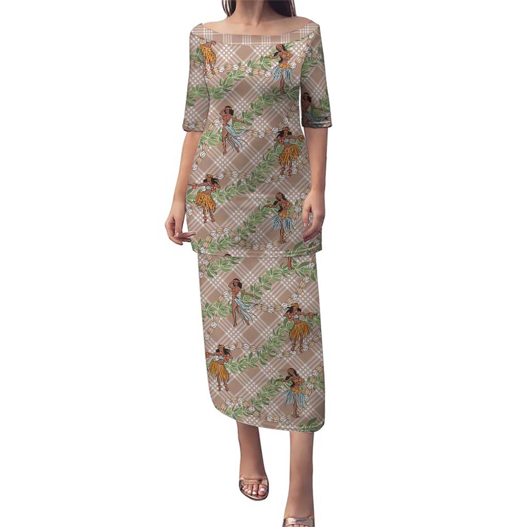 Beige Palaka Hula Girls Seamless Hawaii Aloha Family Matching Puletasi and Hawaiian Shirt - Polynesian Pride