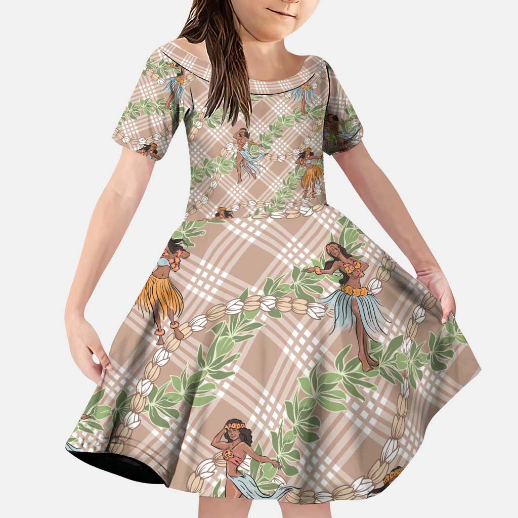 Beige Palaka Hula Girls Seamless Hawaii Aloha Family Matching Tank Maxi Dress and Hawaiian Shirt - Polynesian Pride