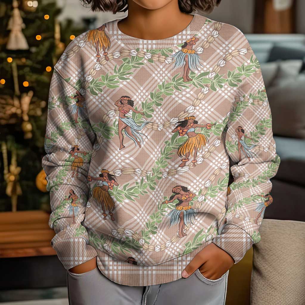 Beige Palaka Hula Girls Seamless Hawaii Aloha Kid Ugly Christmas Sweater - Polynesian Pride