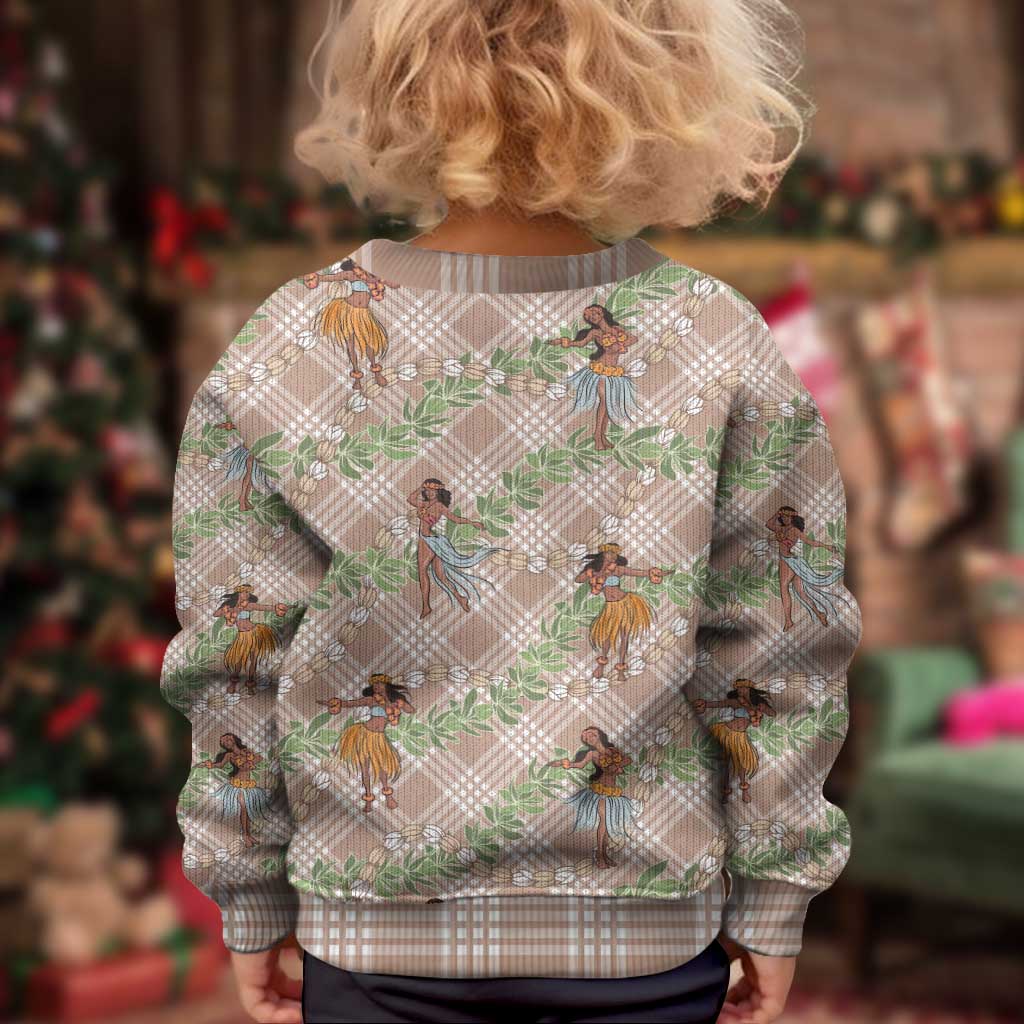 Beige Palaka Hula Girls Seamless Hawaii Aloha Kid Ugly Christmas Sweater - Polynesian Pride
